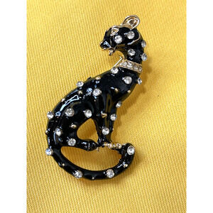 NWOT Cat Brooch Lapel Pin Black Enamel Rhinestone Crystal Cat Lady Gift